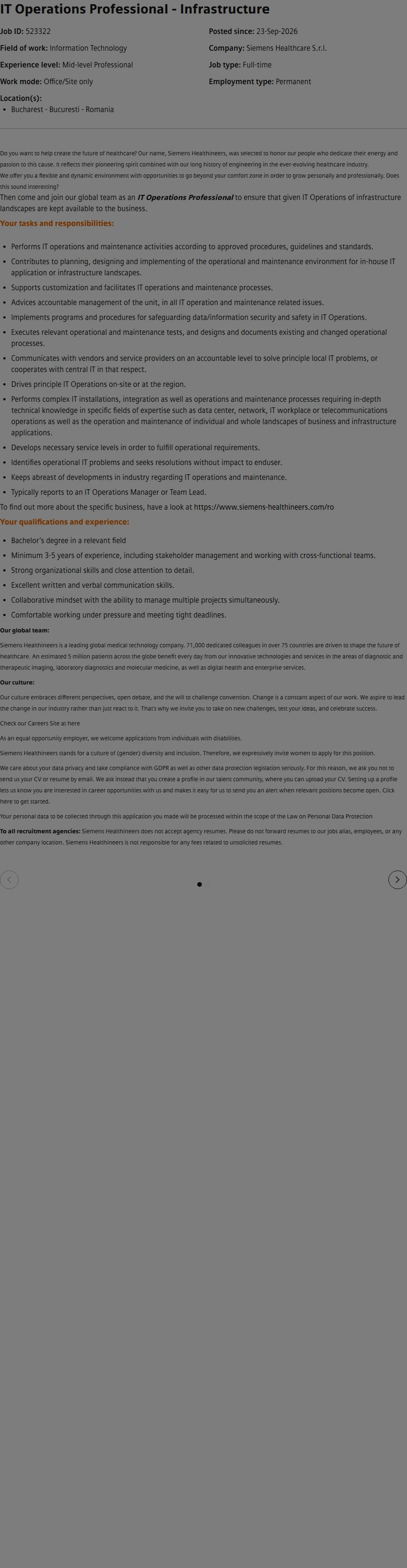 SiemensHealthineers IT Operations Professional - Infrastructure 채용공고