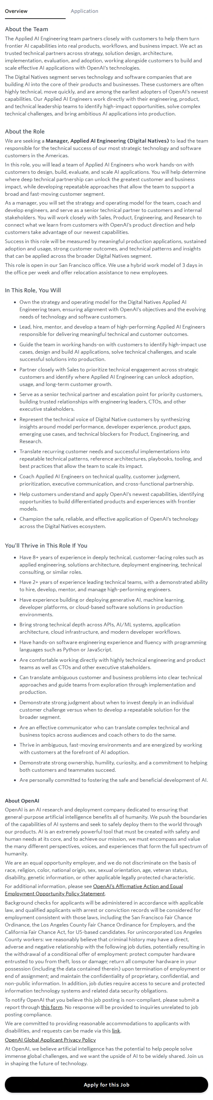 오픈에이아이(OpenAI) Manager, Applied AI Engineering (Digital Natives) 채용공고