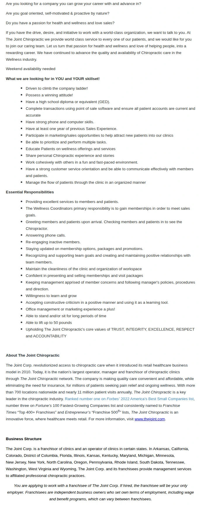 The Joint Chiropractic Front Desk Coordinator - Fayetteville, AR 채용공고