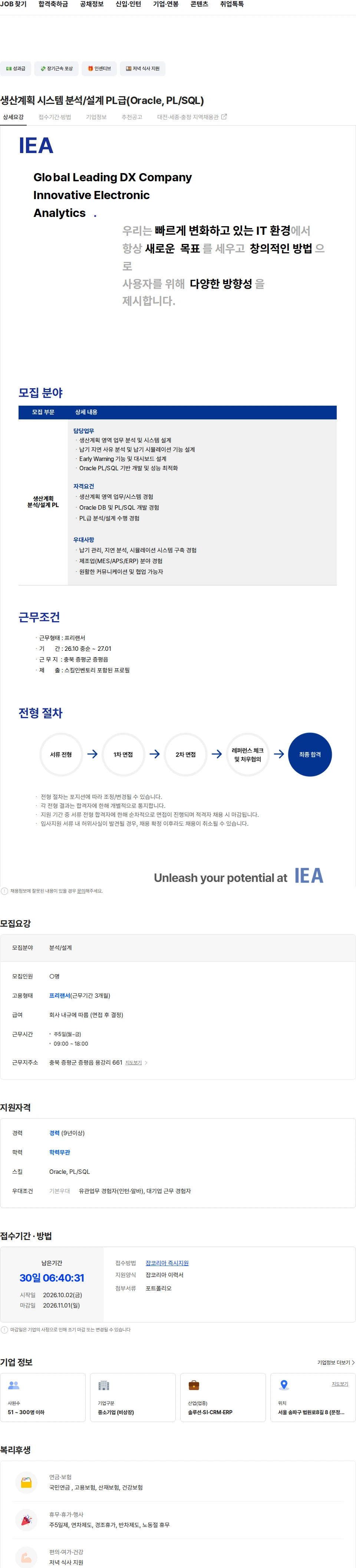 아이이에이 생산계획 시스템 분석/설계 PL급(Oracle, PL/SQL) 채용공고