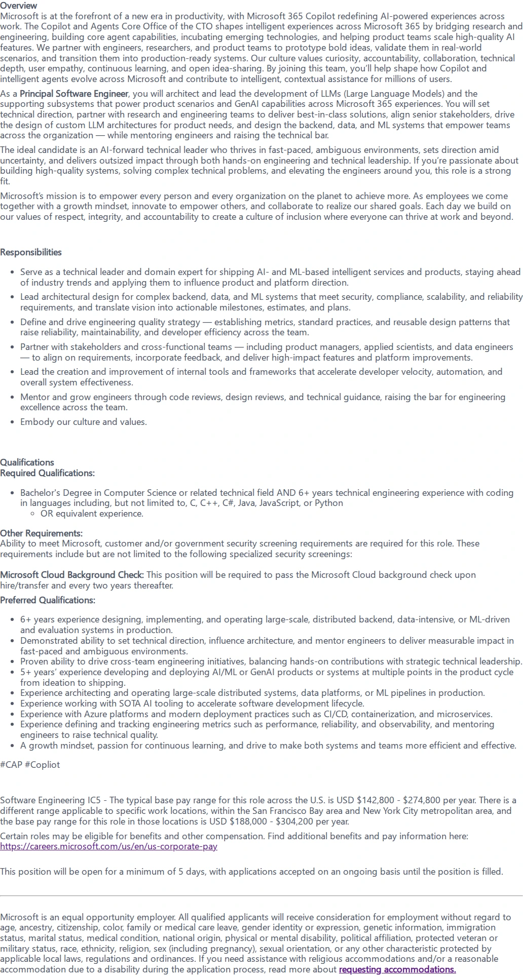 마이크로소프트(Microsoft) Principal Software Engineer-M365 Copilot 채용공고