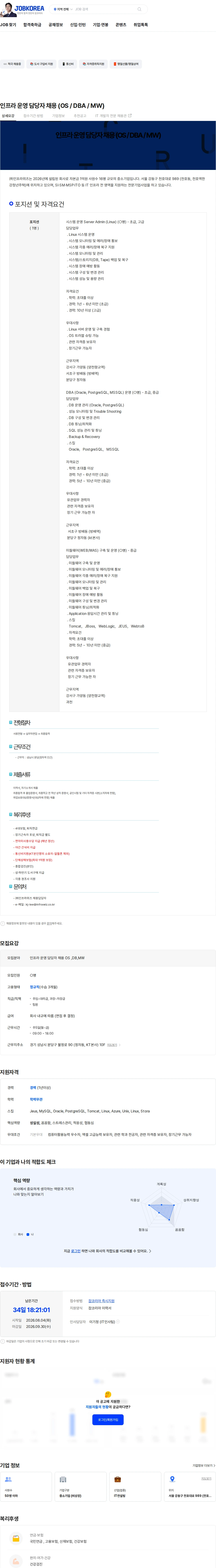인프라위즈 인프라 운영 담당자 채용 (OS / DBA / MW) 채용공고
