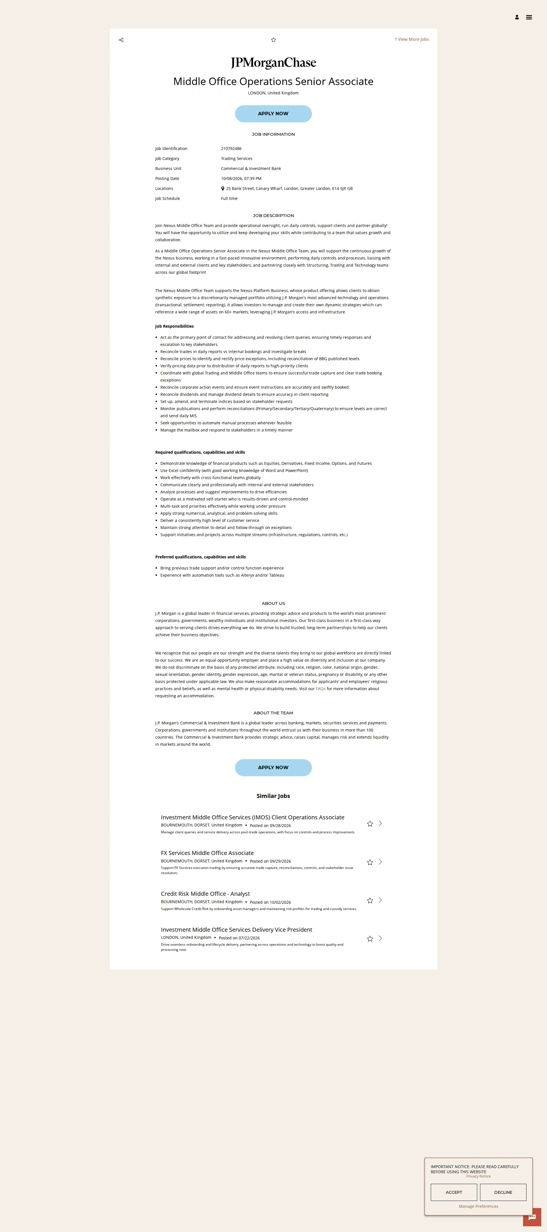 JPMorganChase Middle Office Operations Senior Associate 채용공고