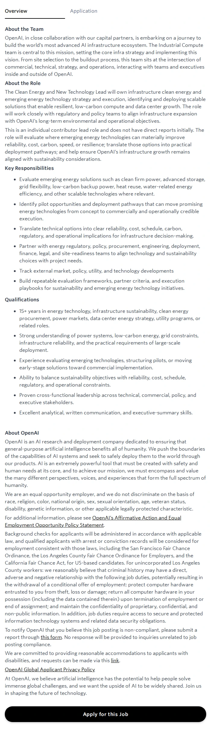 오픈에이아이(OpenAI) Clean Energy and New Technology Lead 채용공고