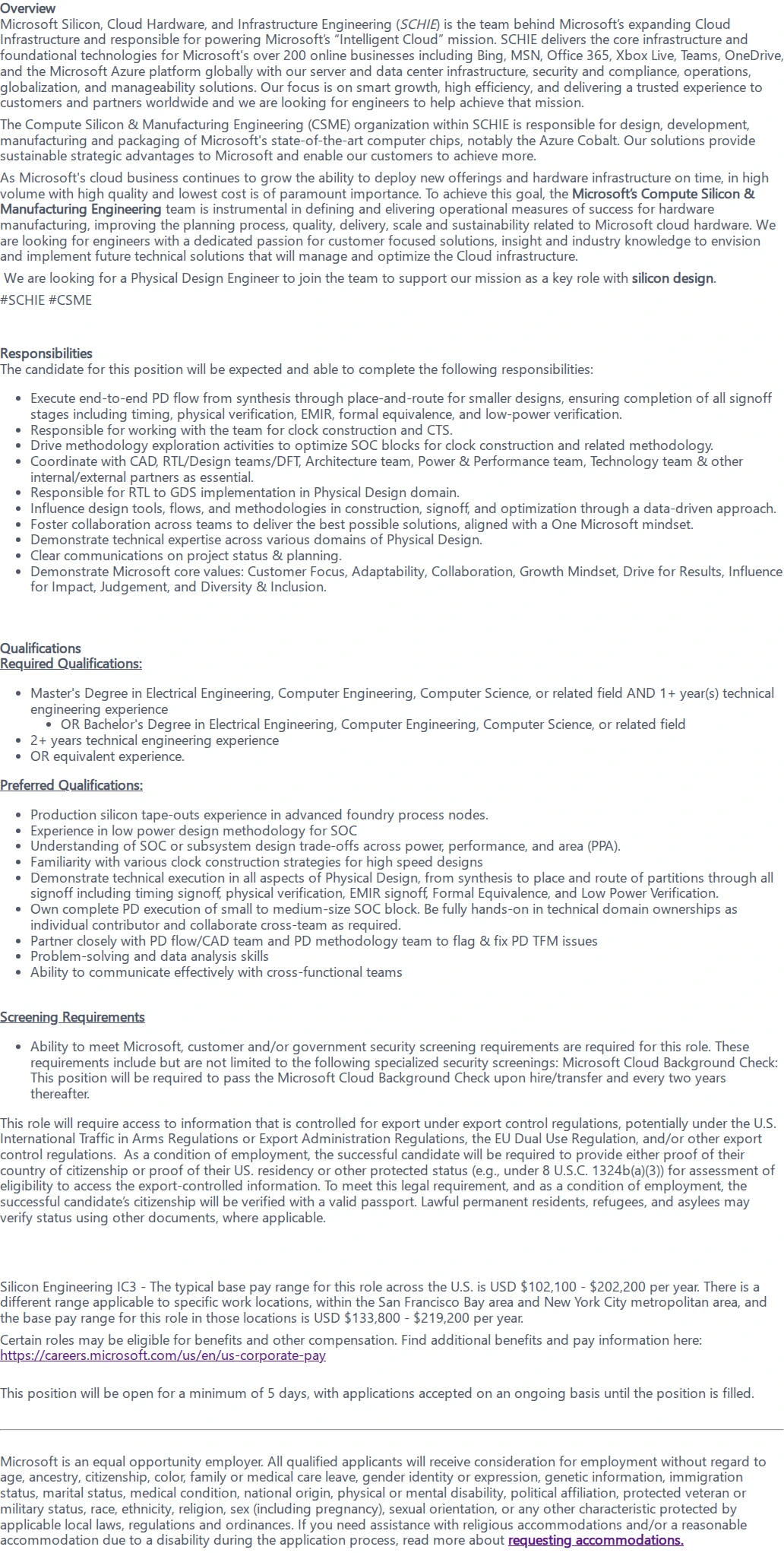 마이크로소프트(Microsoft) Physical Design Engineer II 채용공고
