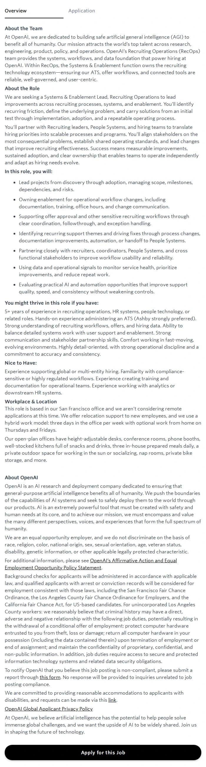 오픈에이아이(OpenAI) Systems & Enablement Lead, Recruiting Operations 채용공고