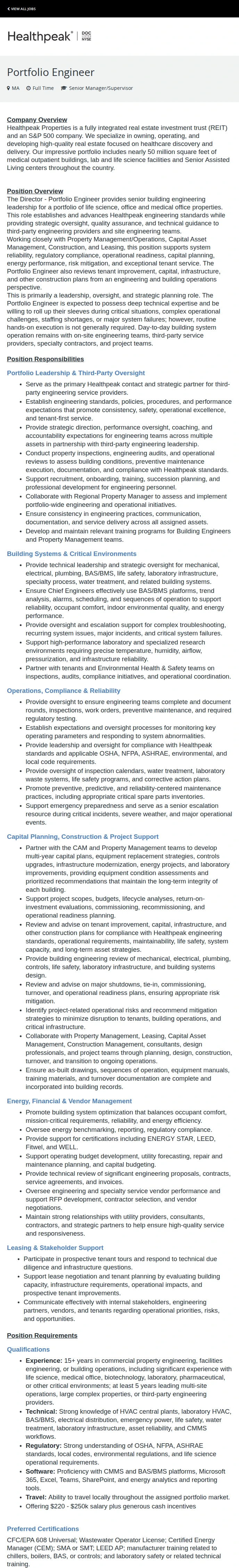 Healthpeak Properties, Inc. Portfolio Engineer 채용공고