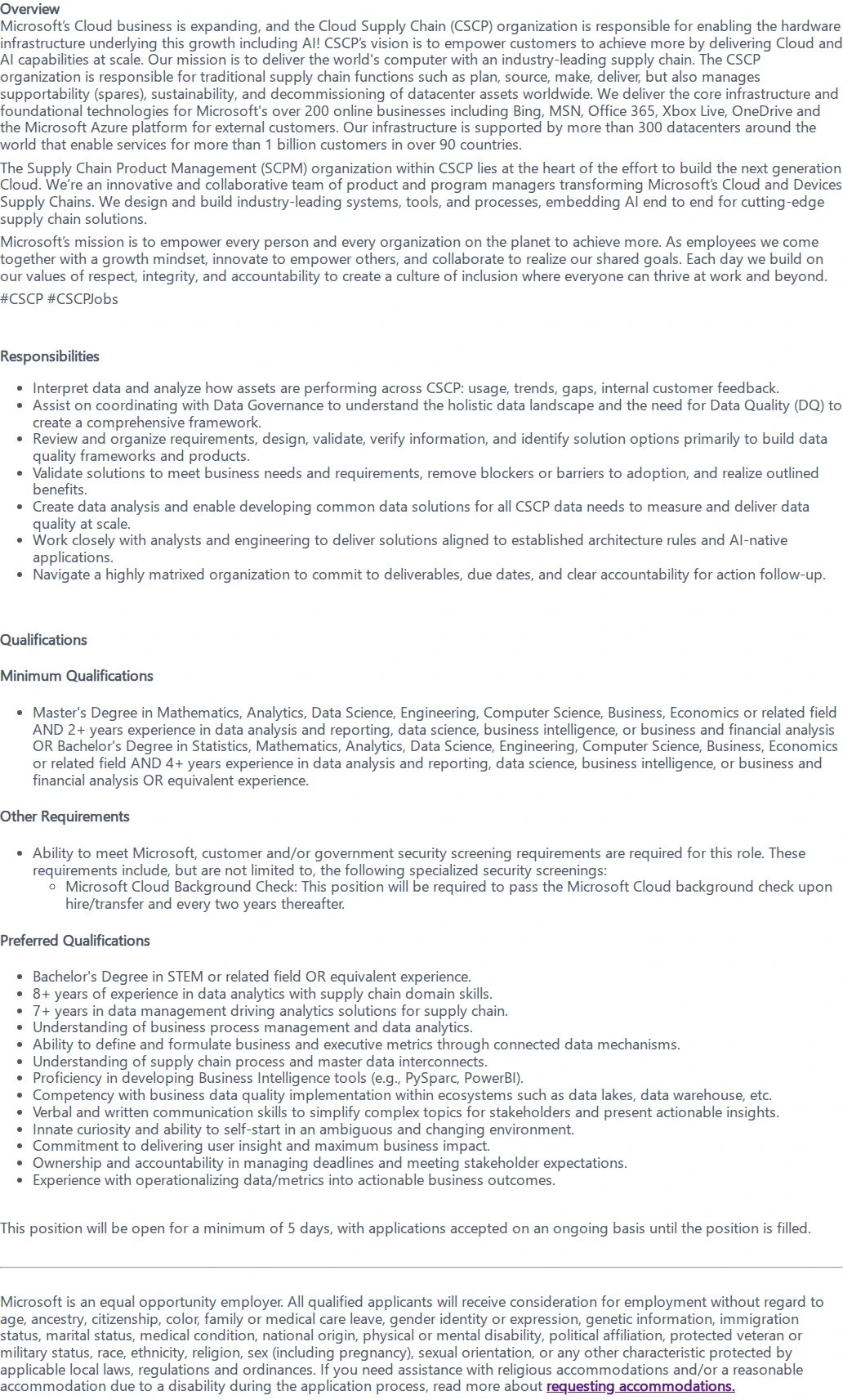 마이크로소프트(Microsoft) Data Analytics Specialist 채용공고