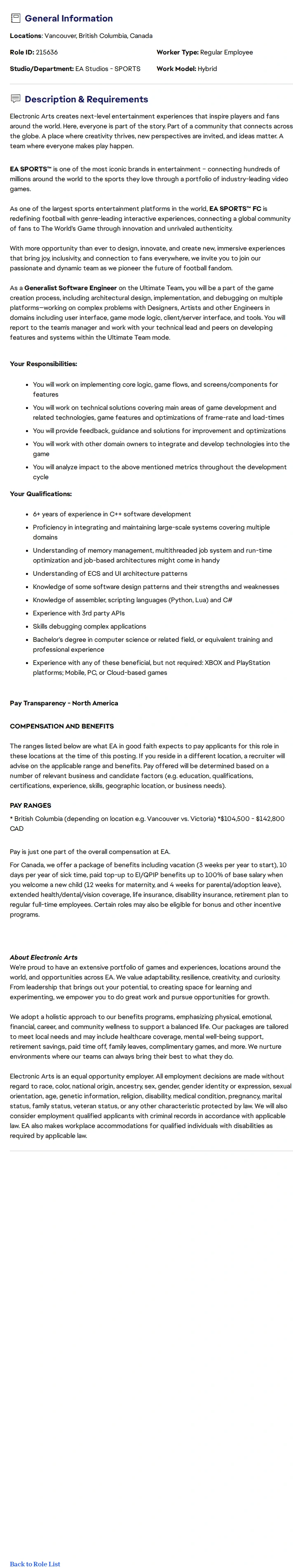 ElectronicArts Generalist Software Engineer - EA SPORTS™ FC 채용공고