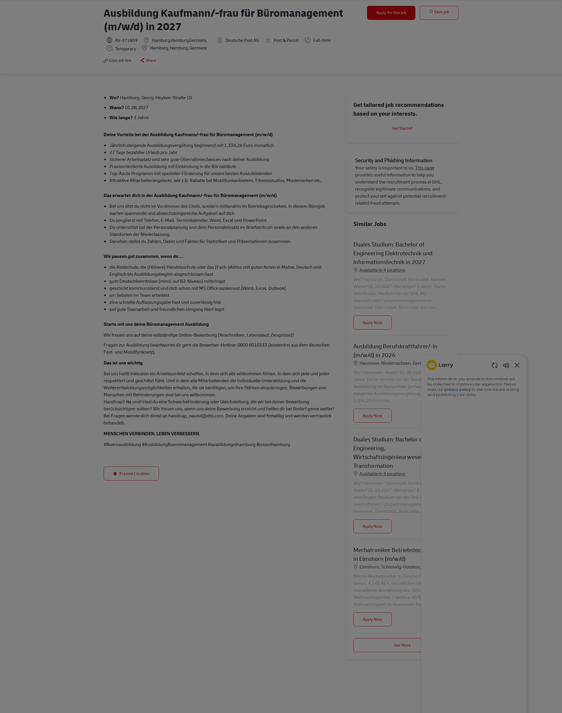 DHL Ausbildung Kaufmann/-frau für Büromanagement (m/w/d) in 2027 채용공고