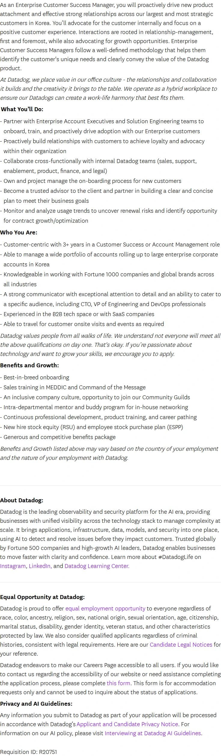 데이터독 Enterprise Customer Success Manager 채용공고