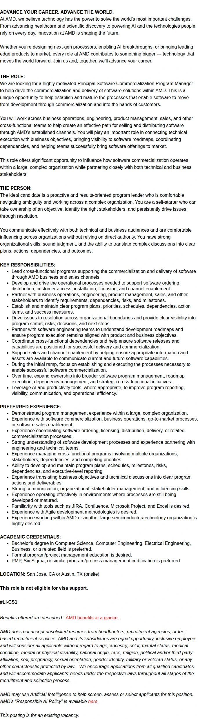 AMD Principal Software Commercialization Program Manager 채용공고