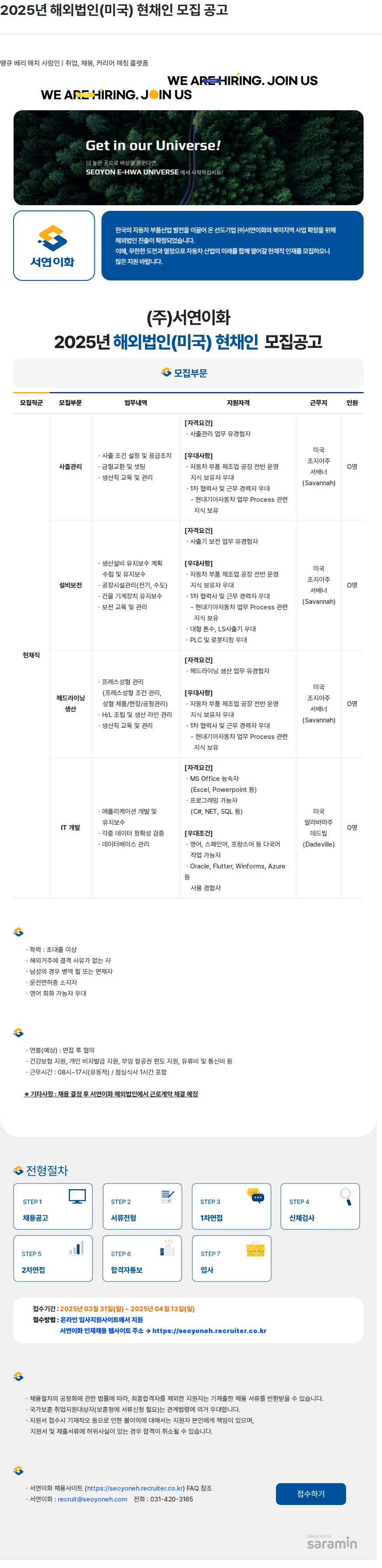 서연이화 2025년 해외법인(미국) 현채인 모집 공고 채용공고