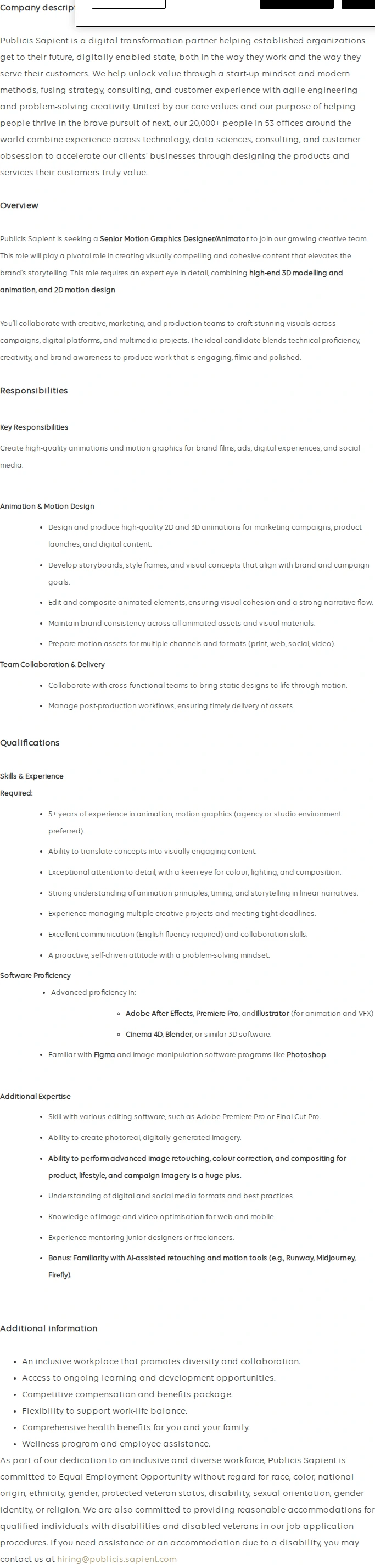 Publicis Groupe Senior Motion Designer  [Contractor] 채용공고