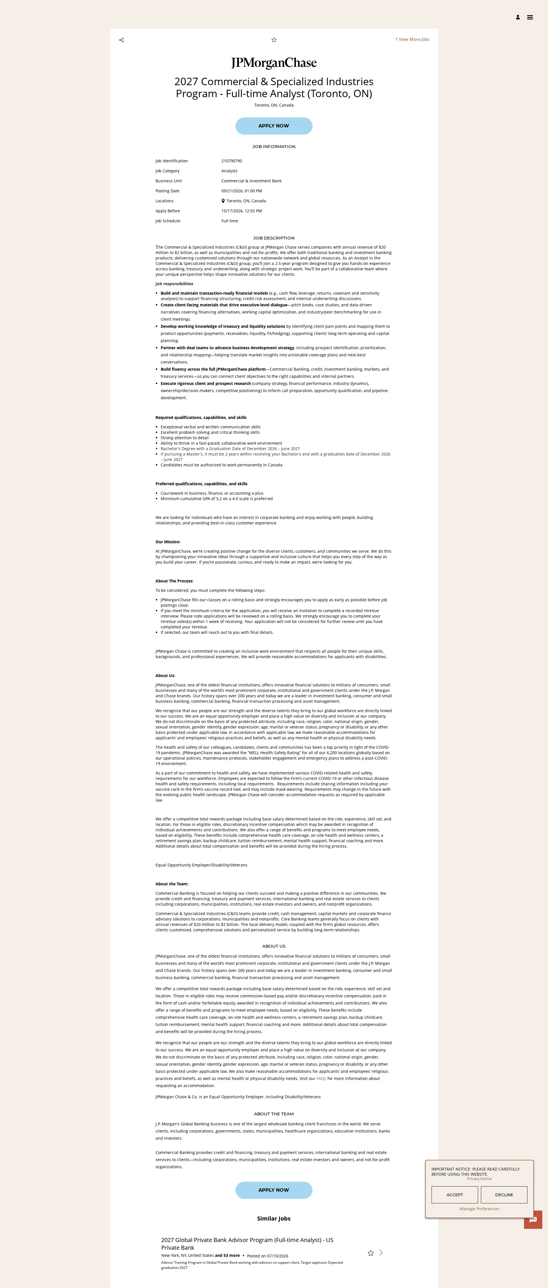 JPMorganChase 2027 Commercial & Specialized Industries Program - Full-time Analyst (Toronto, ON) 채용공고