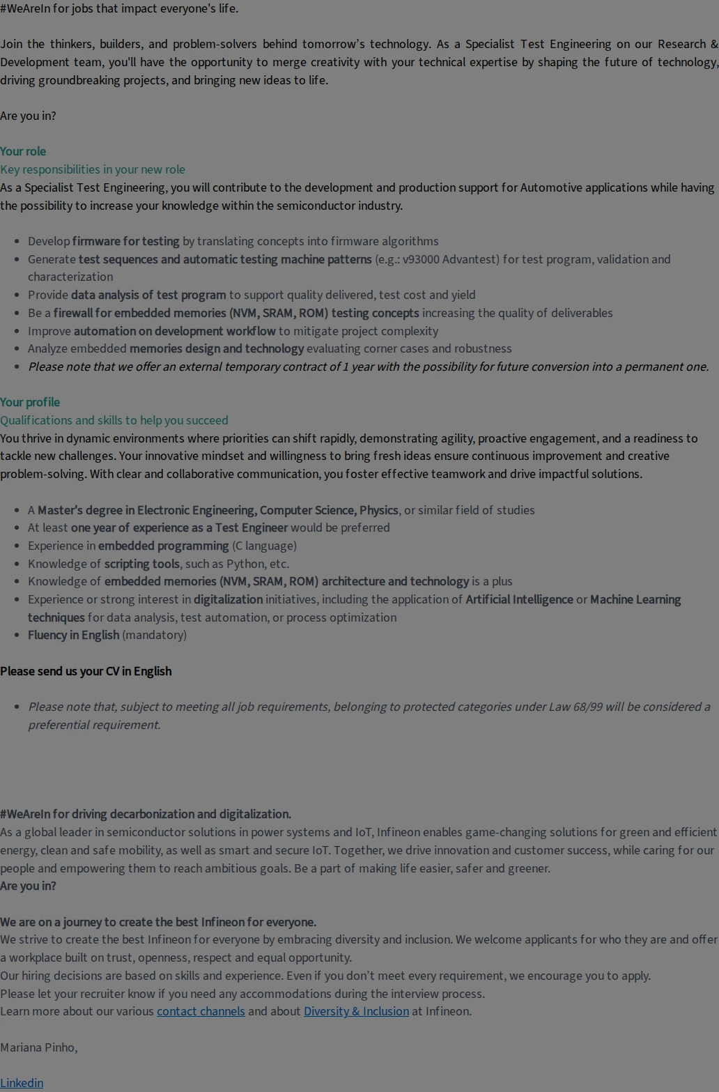 인피니언테크놀로지스코리아 Specialist Test Engineering (f/m/div) 채용공고