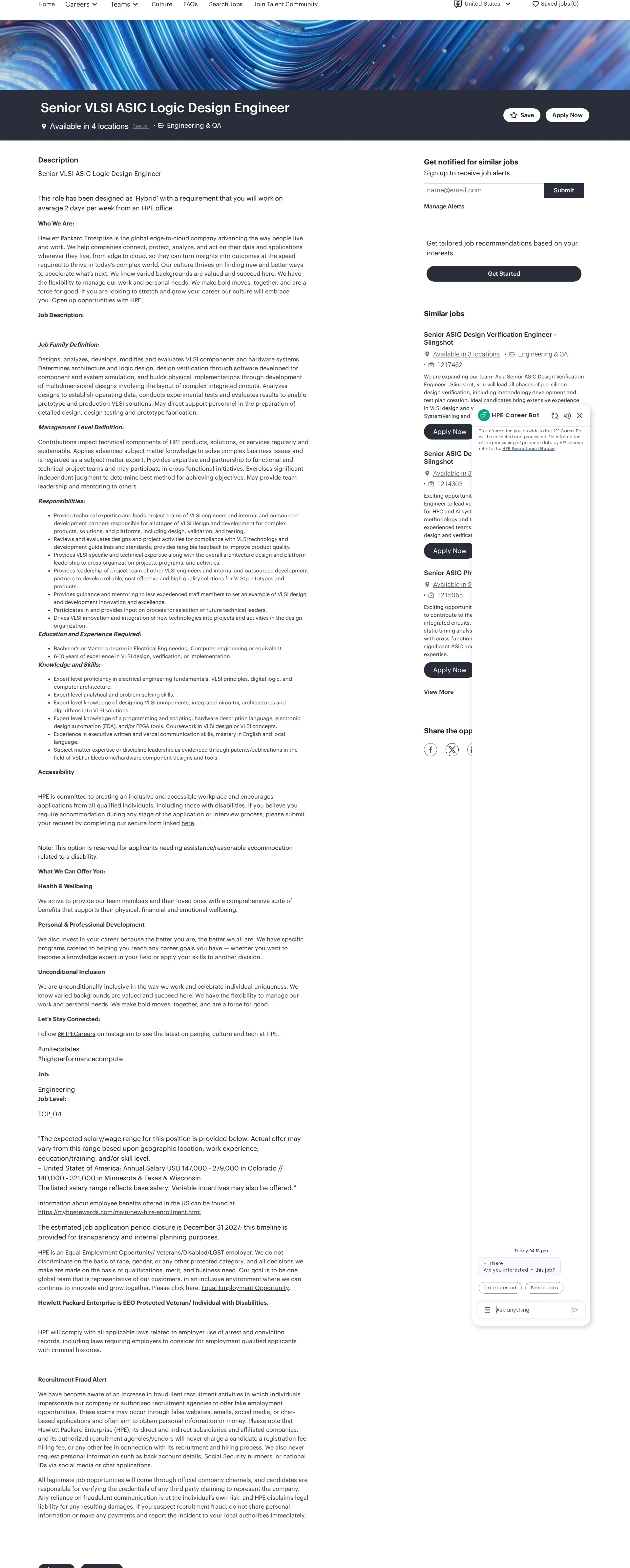 HP Senior VLSI ASIC Logic Design Engineer 채용공고