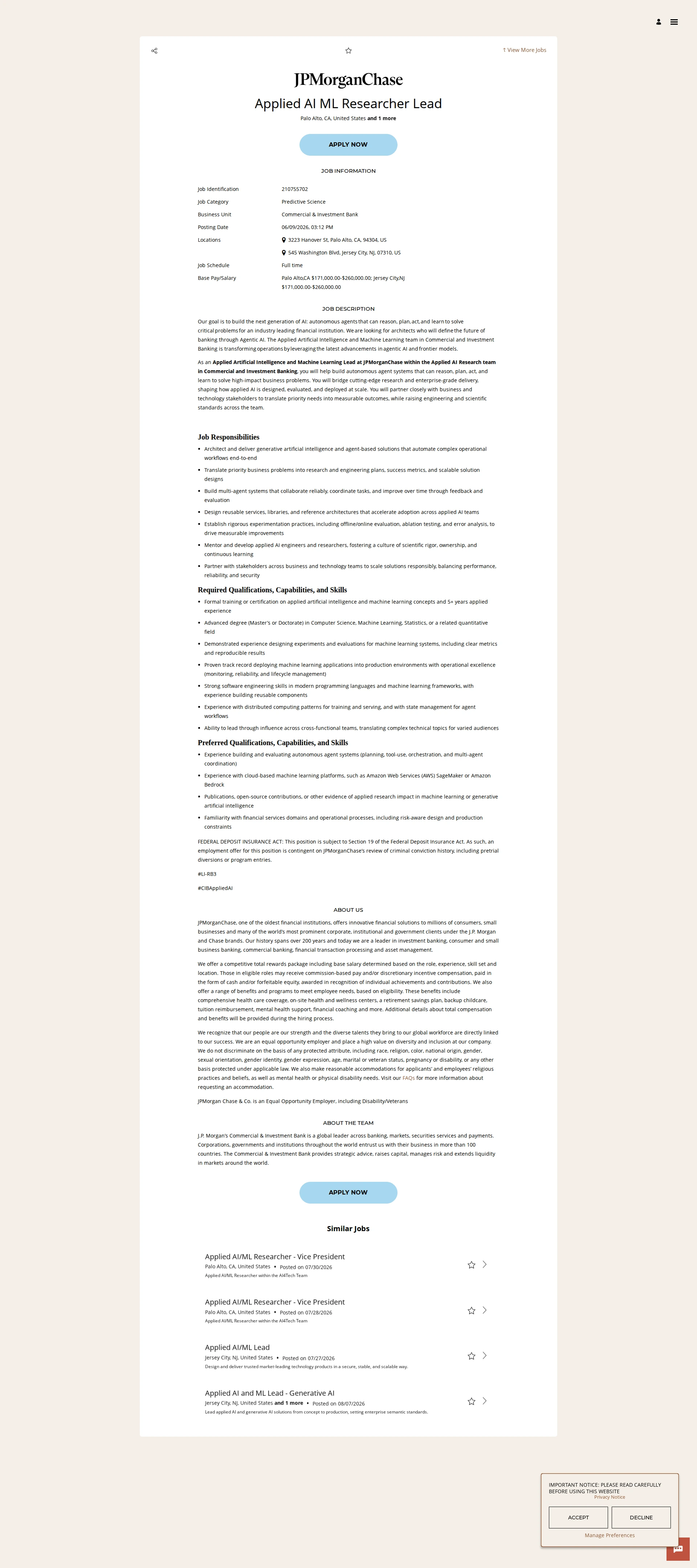 JPMorganChase Applied AI ML Researcher Lead 채용공고