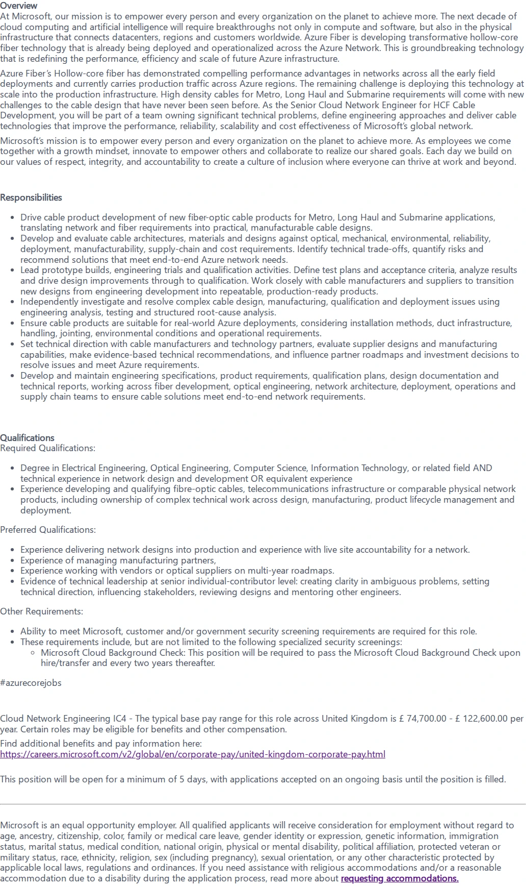 마이크로소프트(Microsoft) Senior Hollow Core Fibre Cable Design Engineer 채용공고