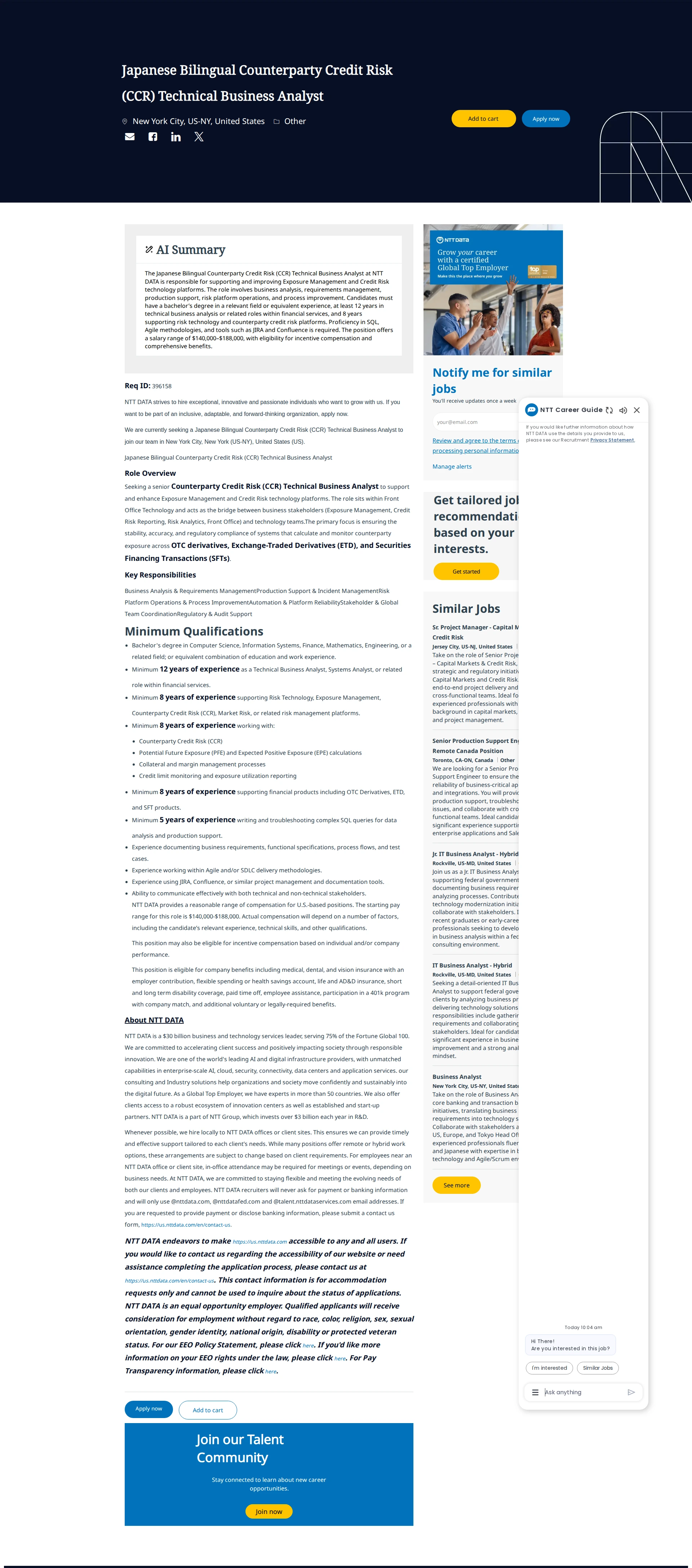 NTT데이터 Japanese Bilingual Counterparty Credit Risk (CCR) Technical Business Analyst 채용공고