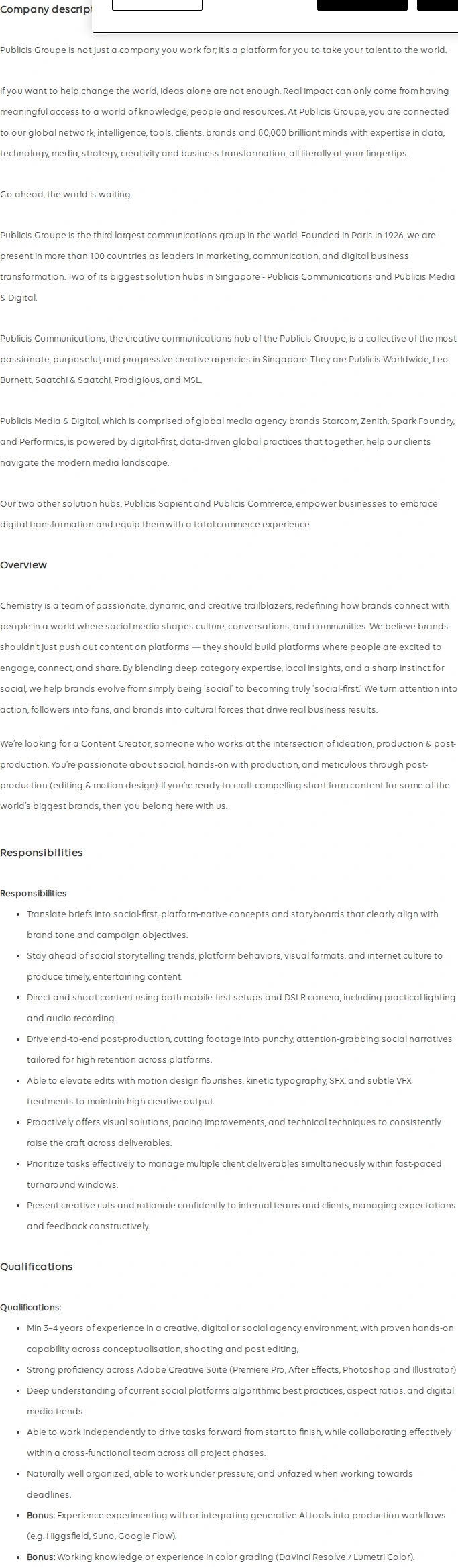 Publicis Groupe Content Creator (open to juniors) 채용공고