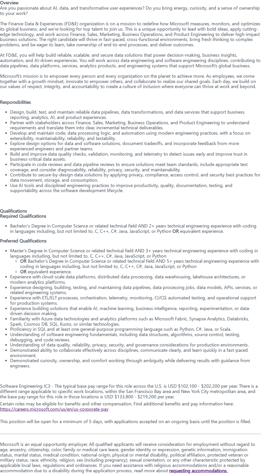 마이크로소프트(Microsoft) Software Engineer II - Finance Data & Experiences 채용공고