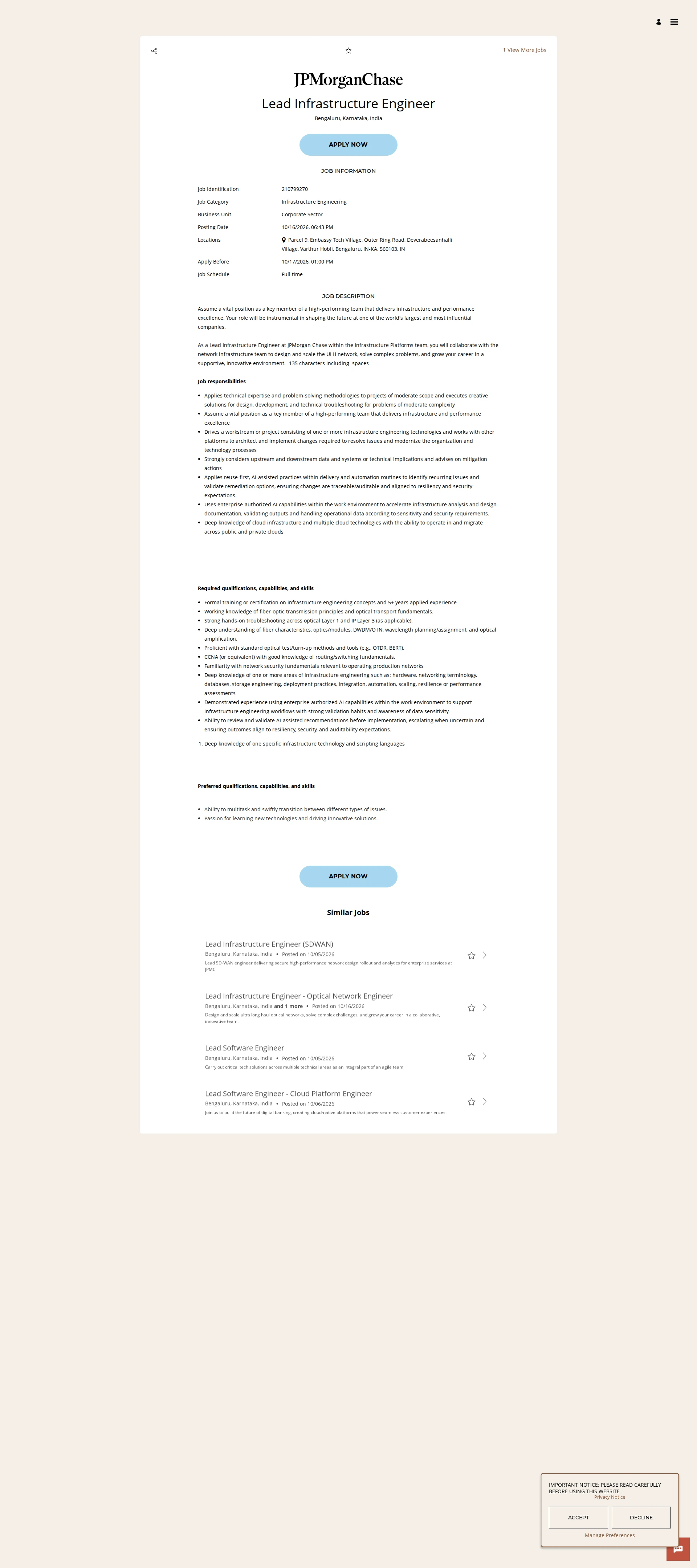 JPMorganChase Lead Infrastructure Engineer 채용공고