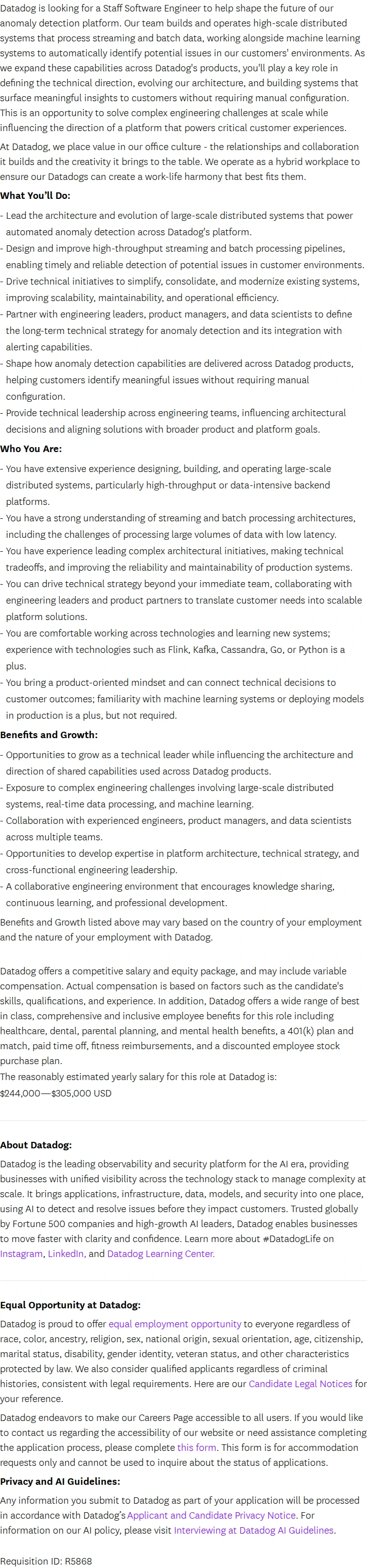 데이터독 Staff Software Engineer - Watchdog Anomaly Detection 채용공고