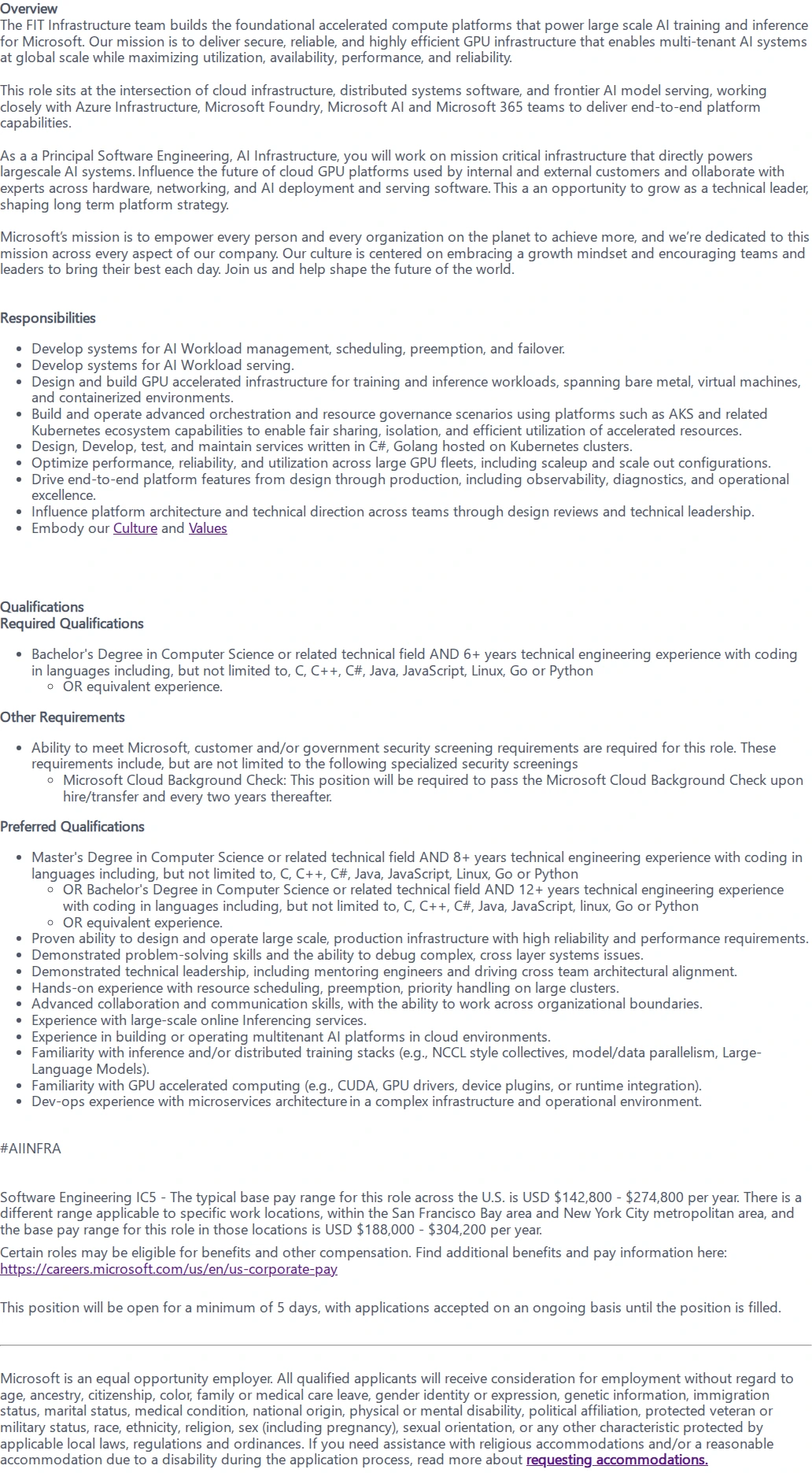마이크로소프트(Microsoft) Principal Software Engineering, AI Infrastructure 채용공고