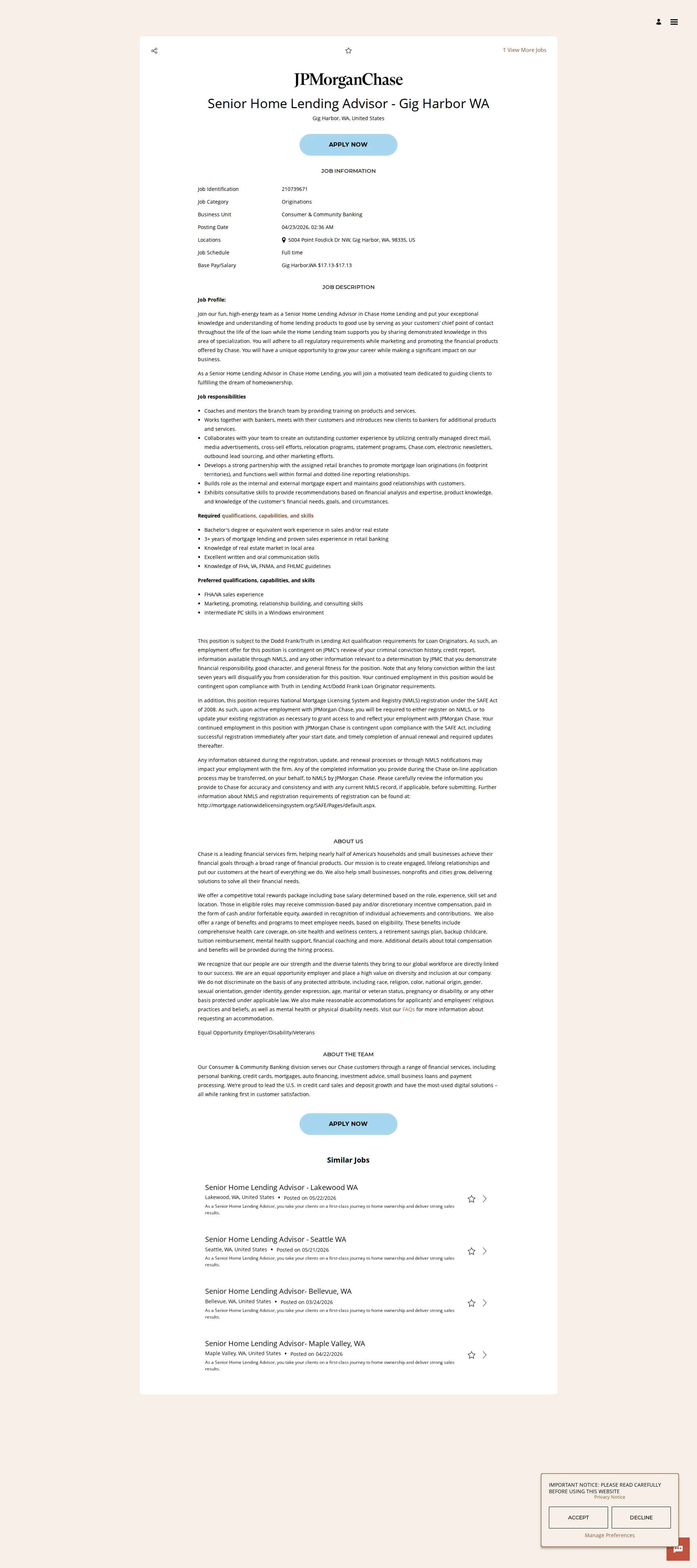 JPMorganChase Senior Home Lending Advisor - Gig Harbor WA 채용공고