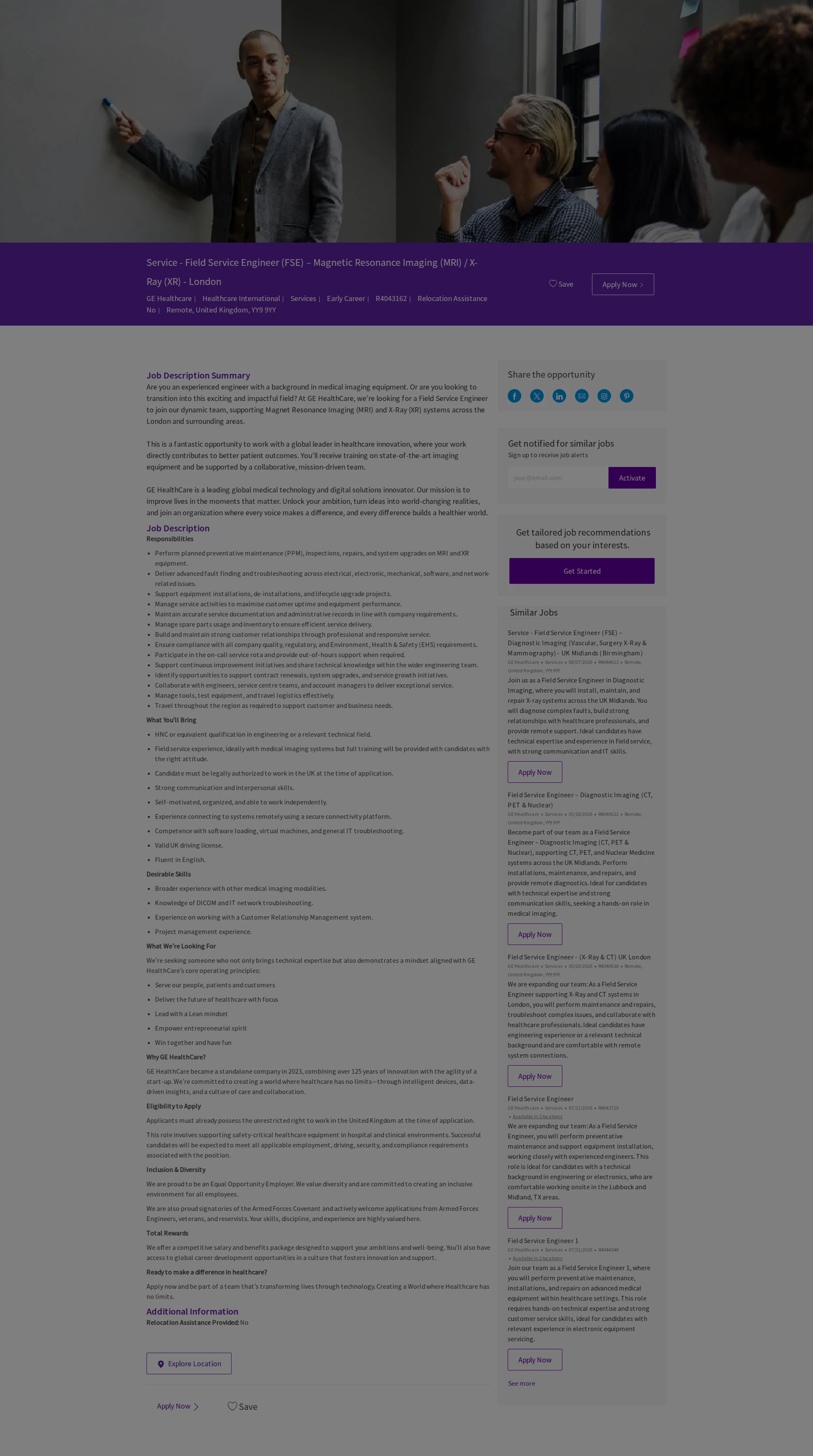 GE헬스케어 Service - Field Service Engineer (FSE) – Magnetic Resonance Imaging (MRI) / X-Ray (XR) - London 채용공고