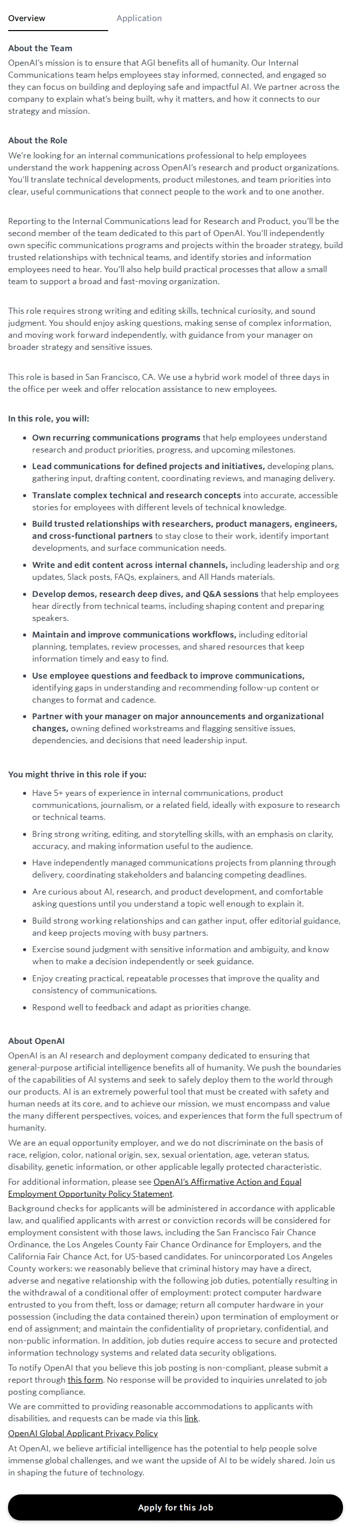 오픈에이아이(OpenAI) Internal Communications, Research and Product 채용공고