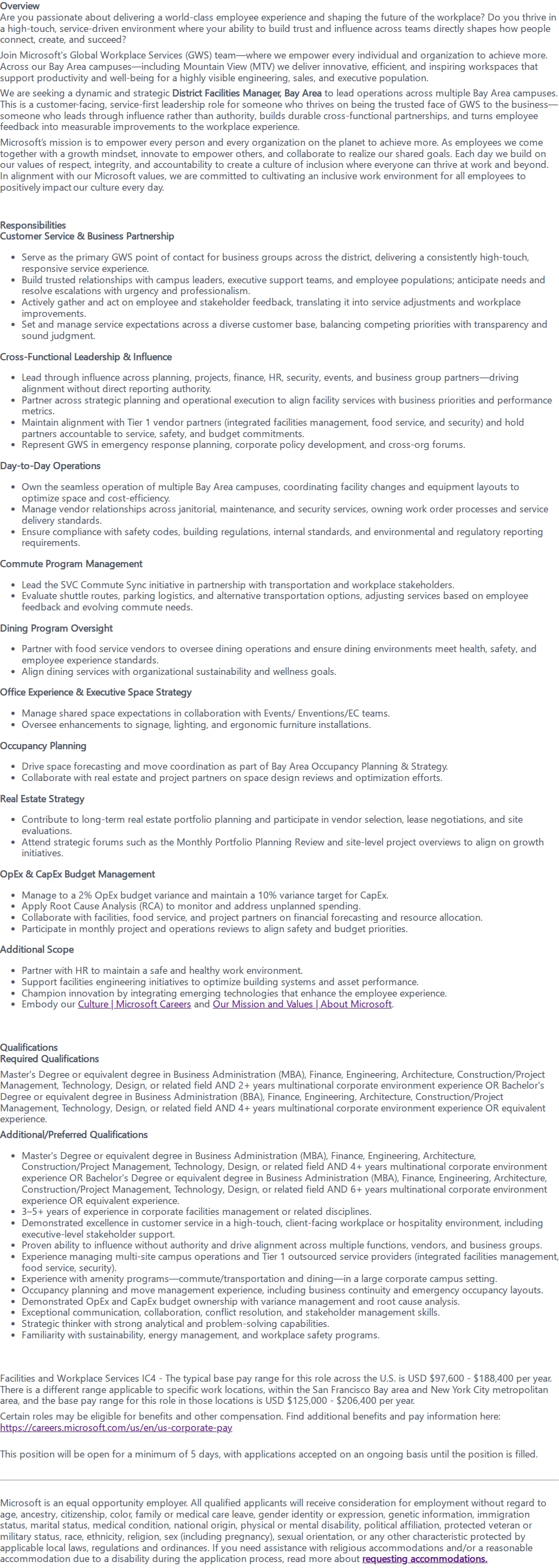 마이크로소프트(Microsoft) District Facilities Manager 채용공고