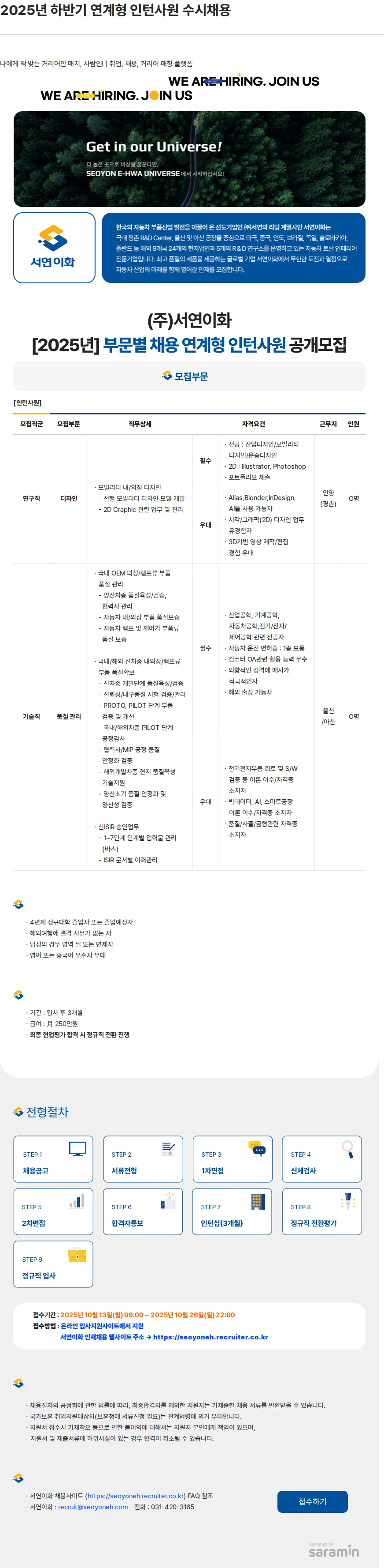 서연이화 2025년 하반기 연계형 인턴사원 수시채용 채용공고