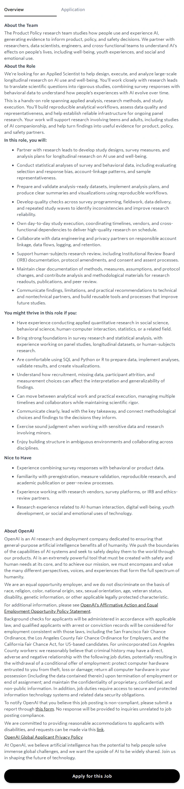 오픈에이아이(OpenAI) Applied Scientist, Product Policy 채용공고