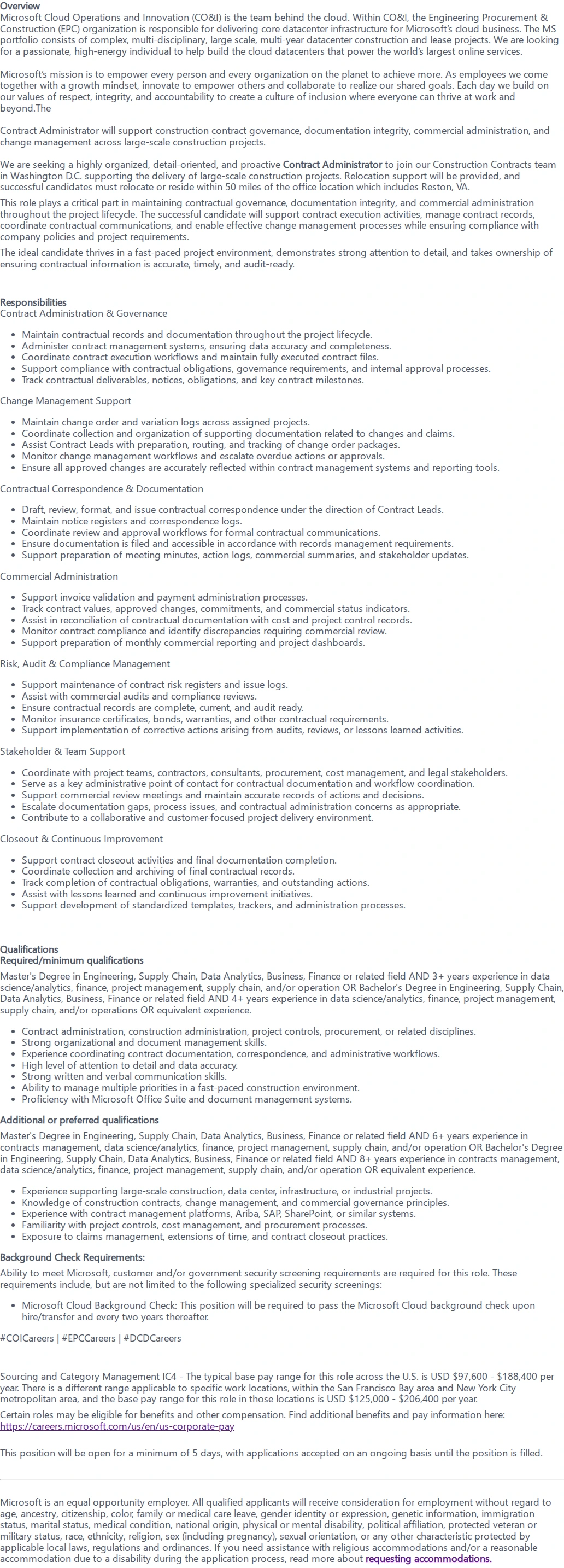 마이크로소프트(Microsoft) Contract Administrator 채용공고