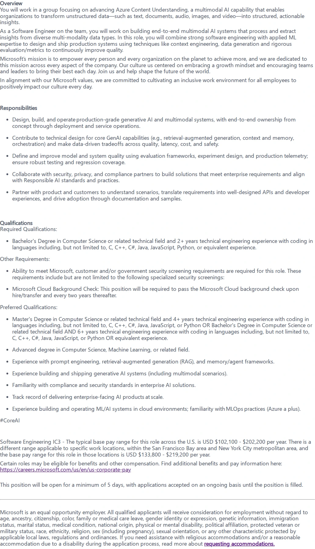 마이크로소프트(Microsoft) Software Engineering, CoreAI 채용공고