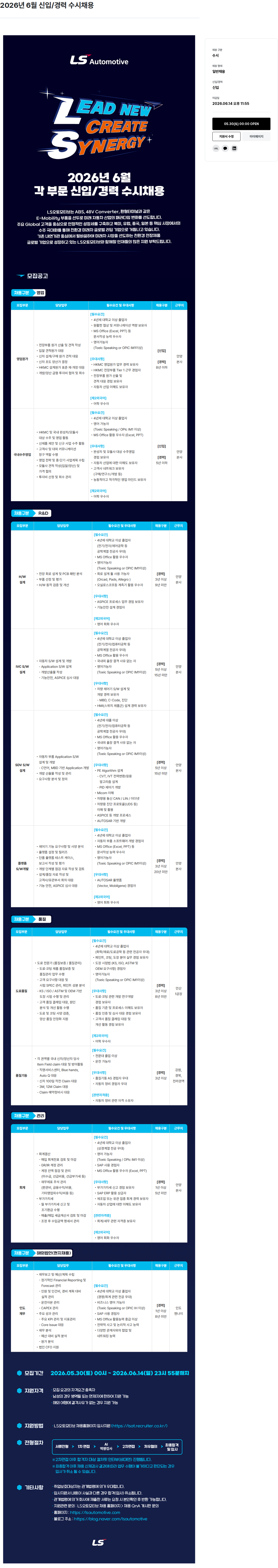 LS오토모티브테크놀로지스 LS오토모티브 2026년 6월 각 부문 신입/경력 수시 채용 채용공고