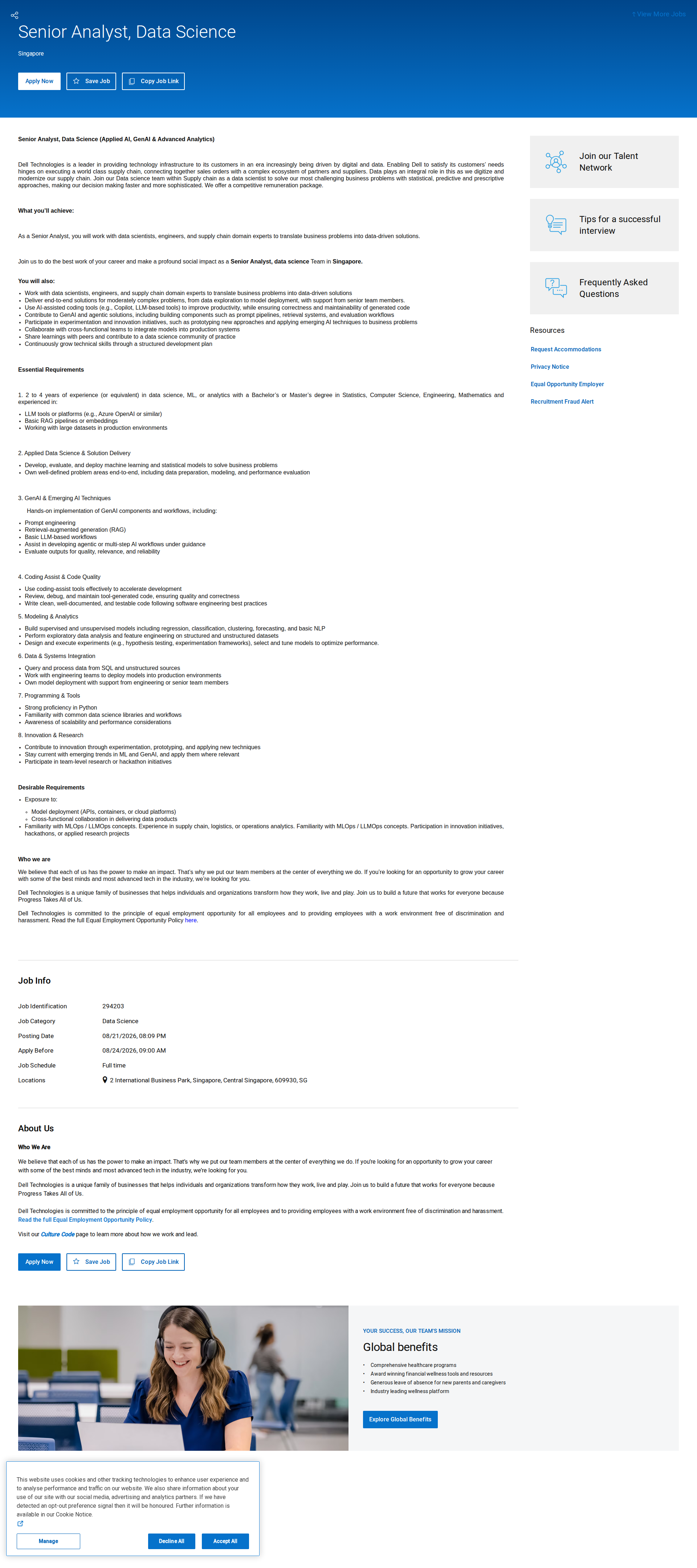 DELL Senior Analyst, Data Science (Applied AI, GenAI & Advanced Analytics) 채용공고