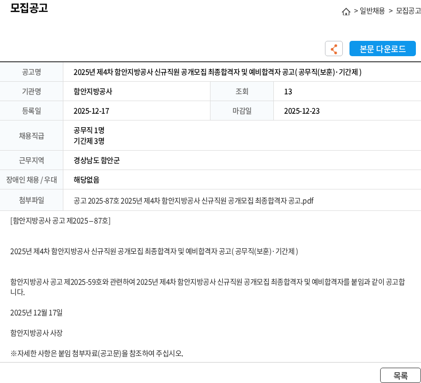 함안지방공사 2025년 제4차 함안지방공사 신규직원 공개모집 최종합격자 및 예비합격자 공고( 공무직(보훈)·기간제 ) 채용공고