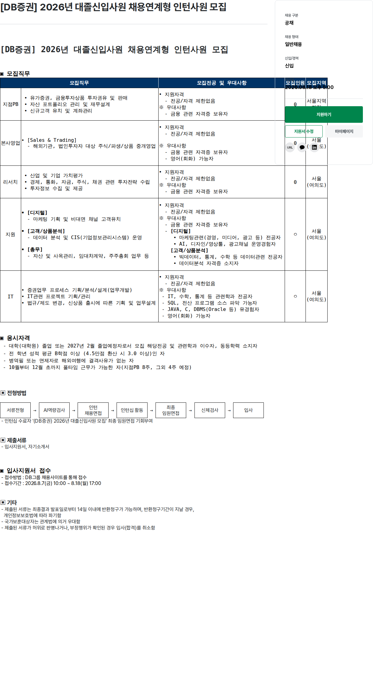 DBInc. [ DB 증권 ] 2026 년 대졸 신입 사원 채용 연계 형 인턴 사원 모집 채용공고