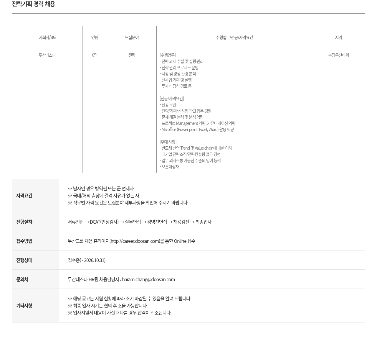 두산테스나 두산테스나 전략 기획 경력 채용 채용공고