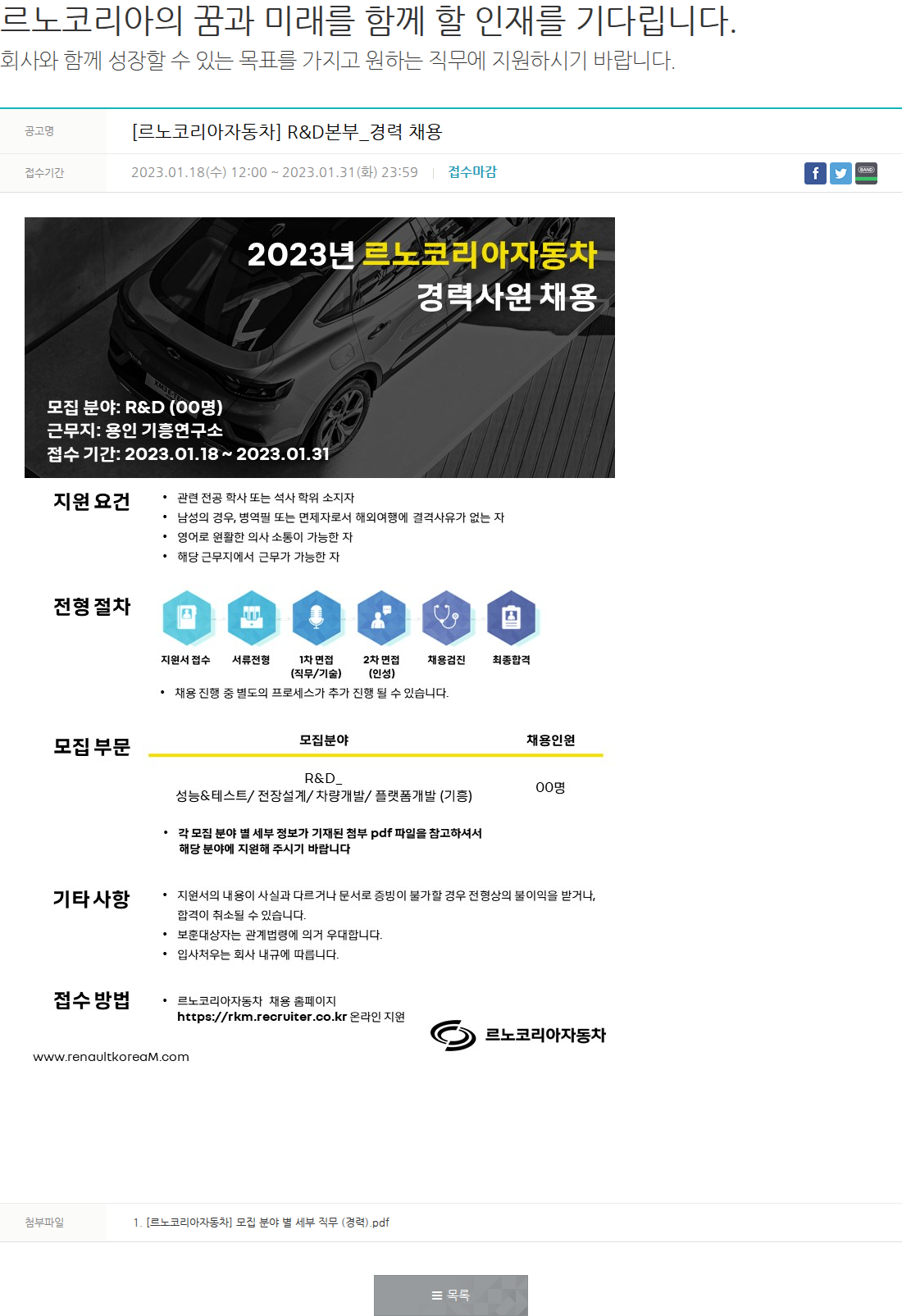 르노코리아 [르노코리아자동차] R&D본부_경력 채용 채용공고