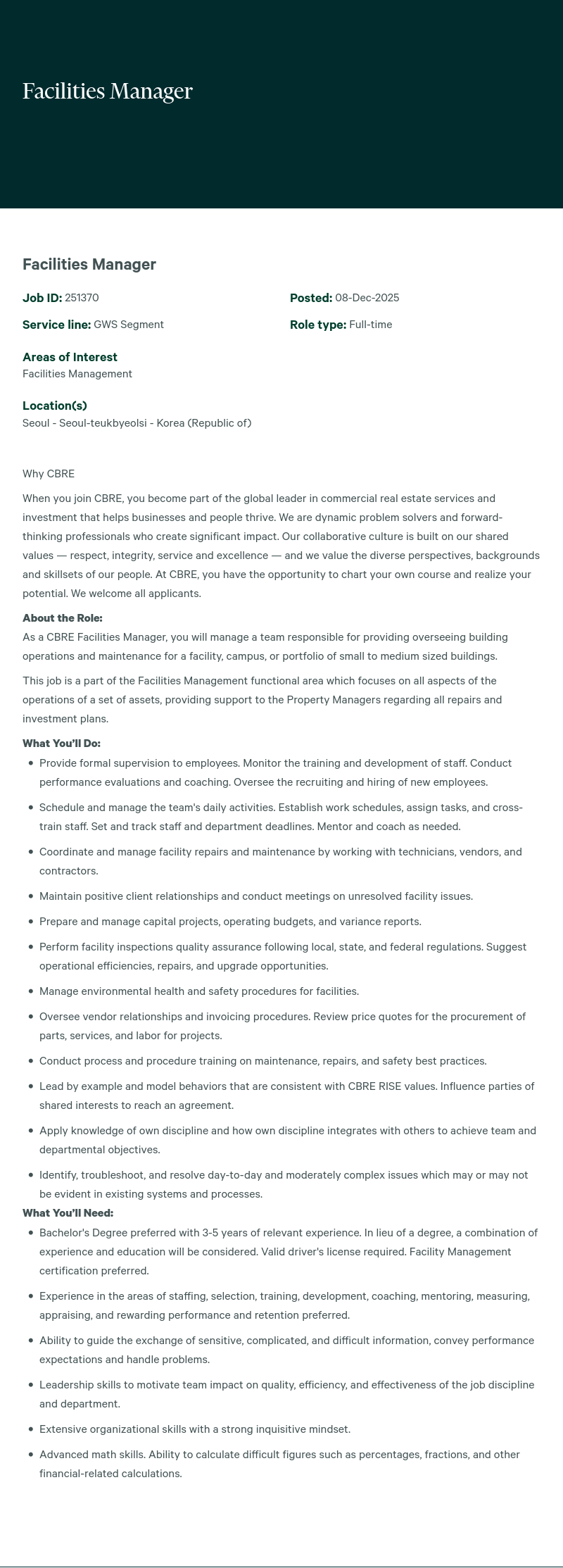 CBRE코리아 Facilities Manager 채용공고