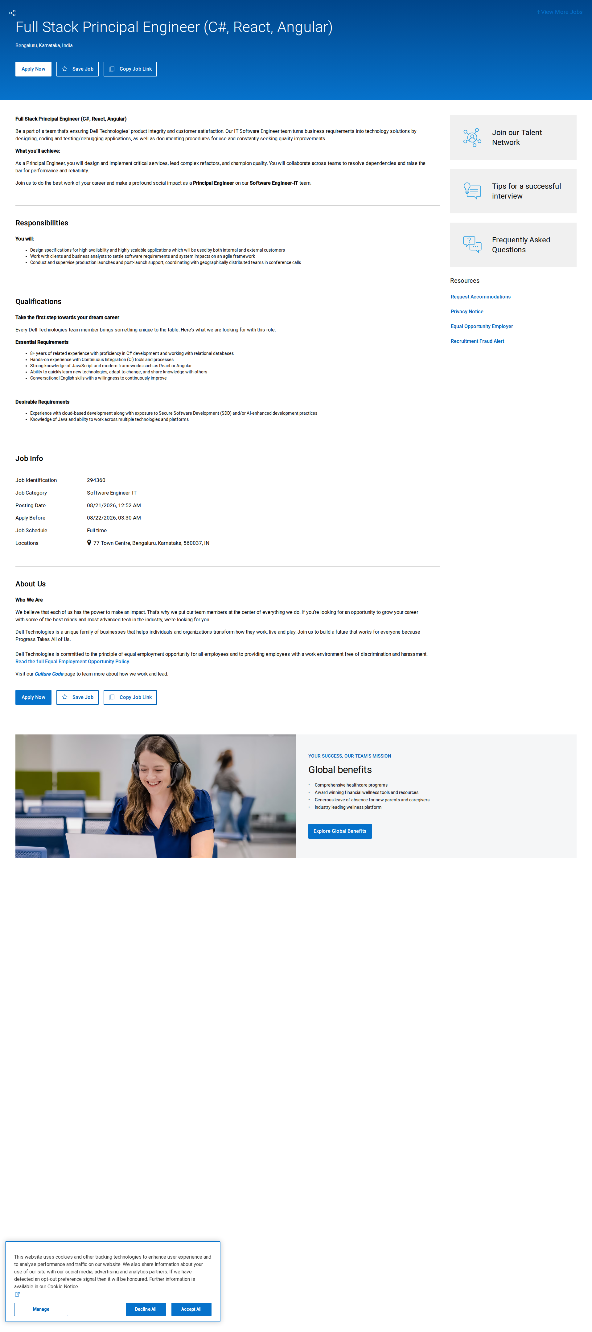DELL Full Stack Principal Engineer (C#, React, Angular) 채용공고
