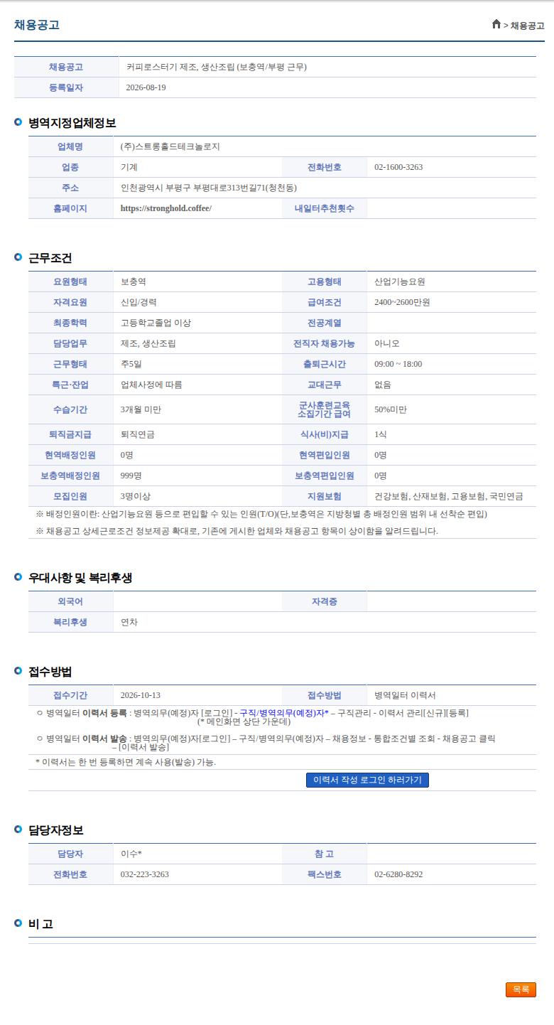 스트롱홀드테크놀로지 커피로스터기 제조, 생산조립 (보충역/부평 근무) 채용공고