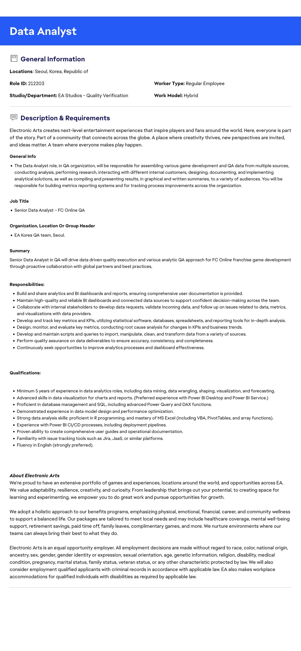 ElectronicArts Senior Data Analyst - FC Online QA 채용공고