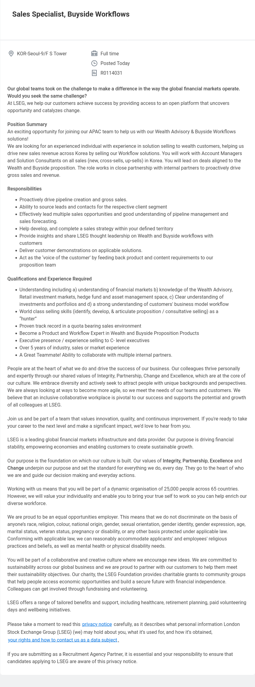 레피니티브코리아 Sales Specialist, Buyside Workflows 채용공고