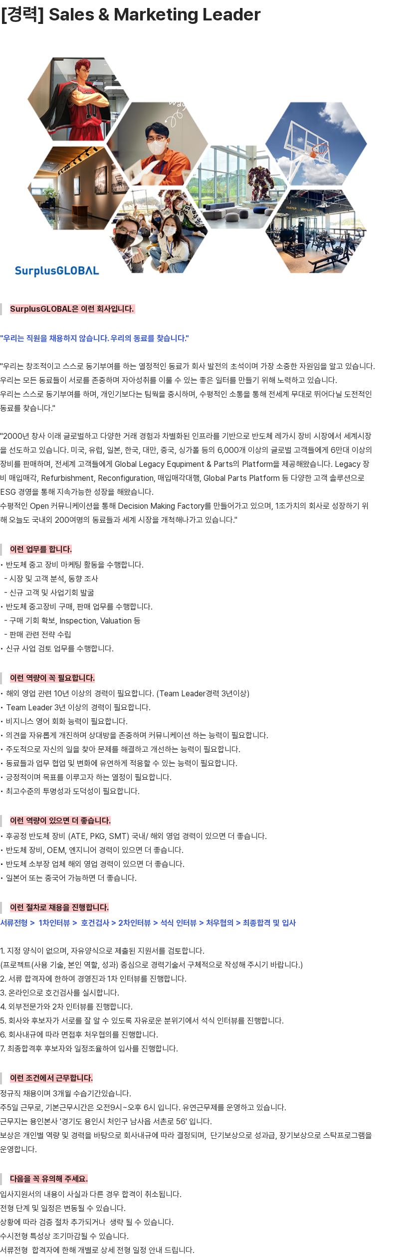 서플러스글로벌 Sales & Marketing Leader 채용공고