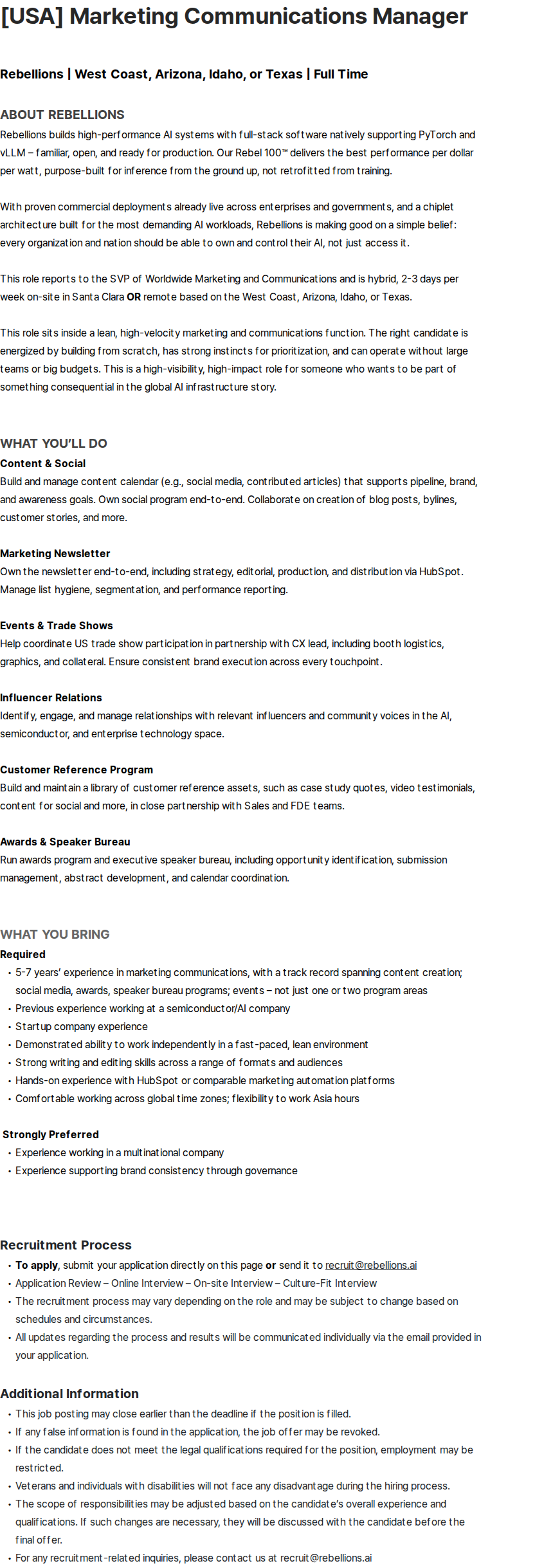 리벨리온 [USA] Marketing Communications Manager 채용공고
